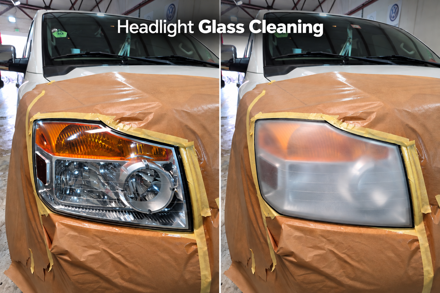 Before-and-after photo of a car headlight restored by cleaning, shown side by side
