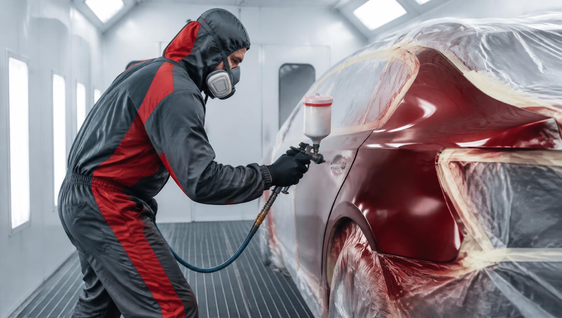 Technician spray-painting a car panel inside a dedicated paint booth