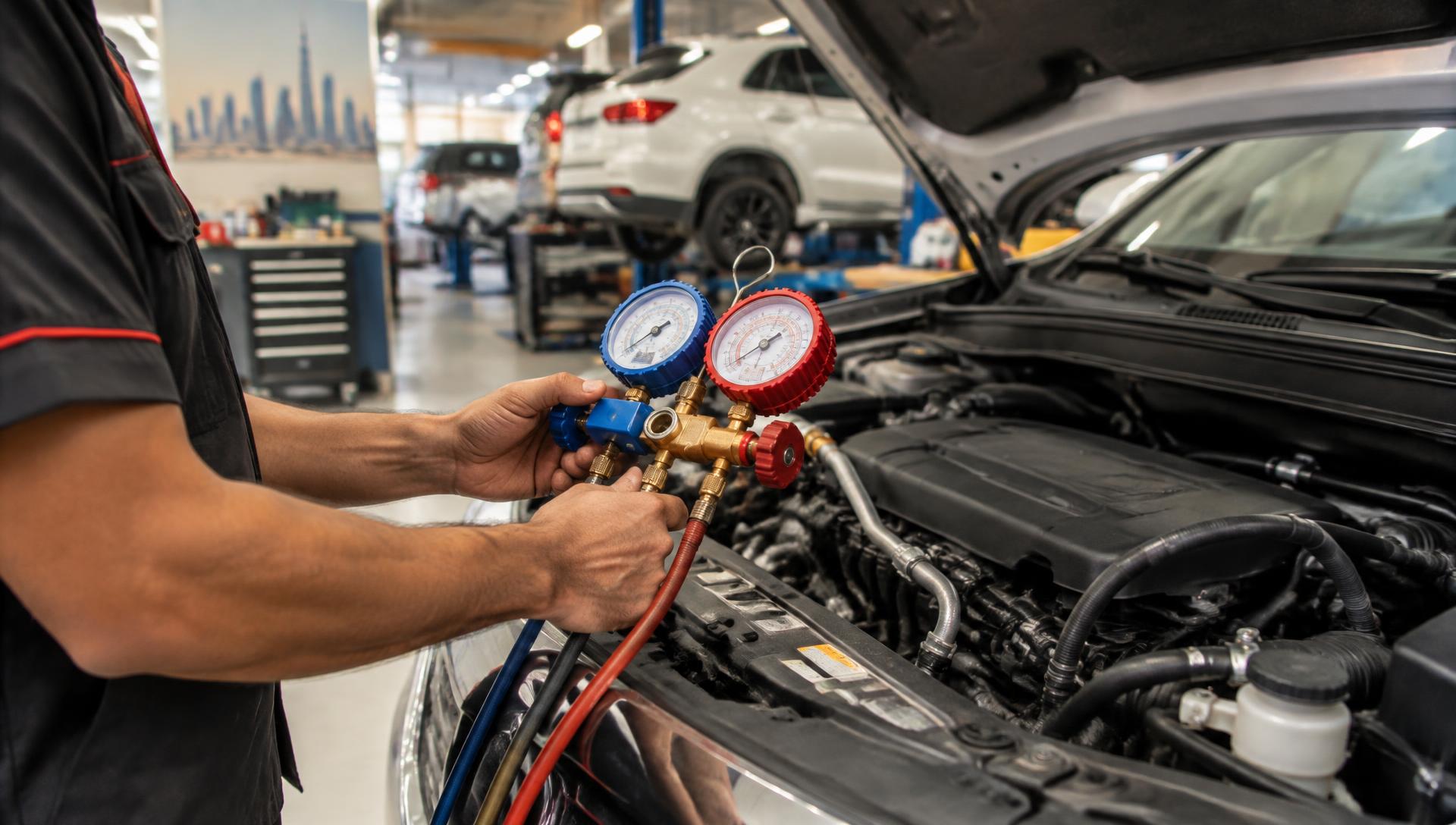 Technician connecting AC manifold gauges to a vehicle's engine bay during a car AC service